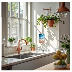 Op de afbeelding: Een moderne keuken met een koperen kraan, dubbele spoelbak en een lichtschakelaar met een strandsc&egrave;ne. Potplanten hangen aan het plafond en staan op de vensterbank. De keuken baadt in natuurlijk licht.