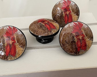 Quirky Big-Eyed Rooster Dresser Knobs: Farmhouse Kitchen & Bath Decor