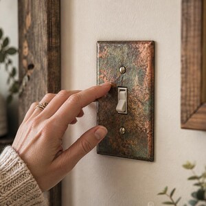 May include: A rectangular light switch plate featuring a weathered, oxidized copper finish with mottled green and brown tones. The plate is secured with two flat-head screws and contains a single, centered, off-white toggle light switch.