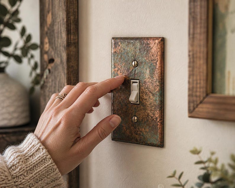 May include: A rectangular light switch plate featuring a weathered, oxidized copper finish with mottled green and brown tones. The plate is secured with two flat-head screws and contains a single, centered, off-white toggle light switch.