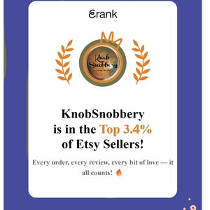 May include: A rectangular graphic with a blue border and white center featuring the text Erank, KnobSnobbery, and the statement KnobSnobbery is in the Top 3.4% of Etsy Sellers! It includes a circular logo with a crown, wheat stalks, and the text Every order, every review, every bit of love &mdash; it all counts! with a fire emoji.