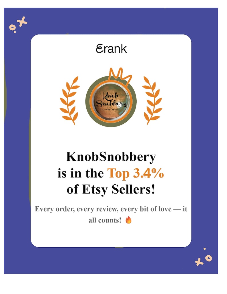 May include: A rectangular graphic with a blue border and white center featuring the text Erank, KnobSnobbery, and the statement KnobSnobbery is in the Top 3.4% of Etsy Sellers! It includes a circular logo with a crown, wheat stalks, and the text Every order, every review, every bit of love &mdash; it all counts! with a fire emoji.