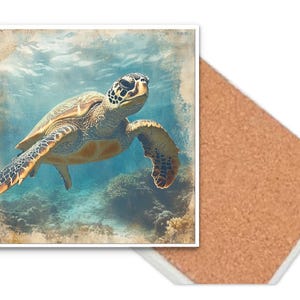Nautical Print Coasters Set of 4 or 6 | Square Ceramic 4&quot; Cork Back Drink Mats | Kitchen/Dining Table Decor, Watercolor Coasters, Mug Rug