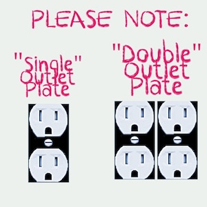May include: A graphic showing two electrical outlet configurations with pink text. On the left, a single outlet plate with two white sockets. On the right, a double outlet plate with four white sockets. The text reads PLEASE NOTE: Single Outlet Plate and Double Outlet Plate.