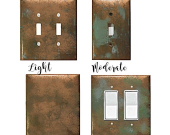 Handcrafted Switch Plate Covers: Aged Copper with Blue-Green Verdigris Patina - Wall Decor Options in Metal or Plastic