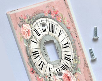 Decorator Light Switch Cover, Shabby Chic, Switchplate, Outlet Cover, Antique Clock w/Pink Roses, Switchplate Toggle Duplex, Reduced US Shpg