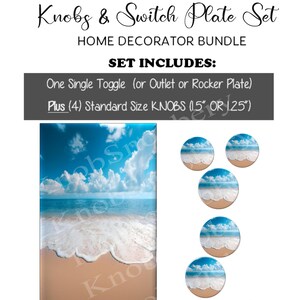 May include: A home decorator bundle featuring a switch plate and knobs with a beach theme. The set includes a 5.3x3.3 inch switch plate and four knobs, each 1.25 or 1.5 inches in diameter. The design showcases a blue sky, ocean, and sandy beach.