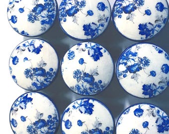 Blue Floral Cabinet Knobs, Vintage Cottage Drawer Pulls, French Country Furniture Hardware