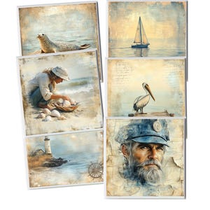 Nautical Beach Coasters Set – Vintage Ocean Art Drink Coasters with Sailor, Lighthouse, Seal & Coastal Scenes – Coastal Home Decor Gift