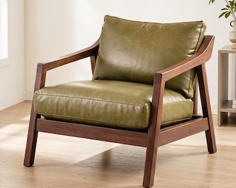 Olive Green Leather Mid Century Modern Lounge Chair