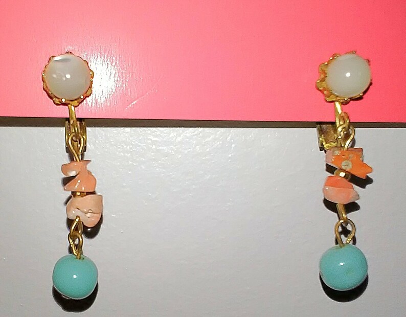 Miriam Haskell signed tropical island turquoise blue peach Coral and opalescent flash earrings