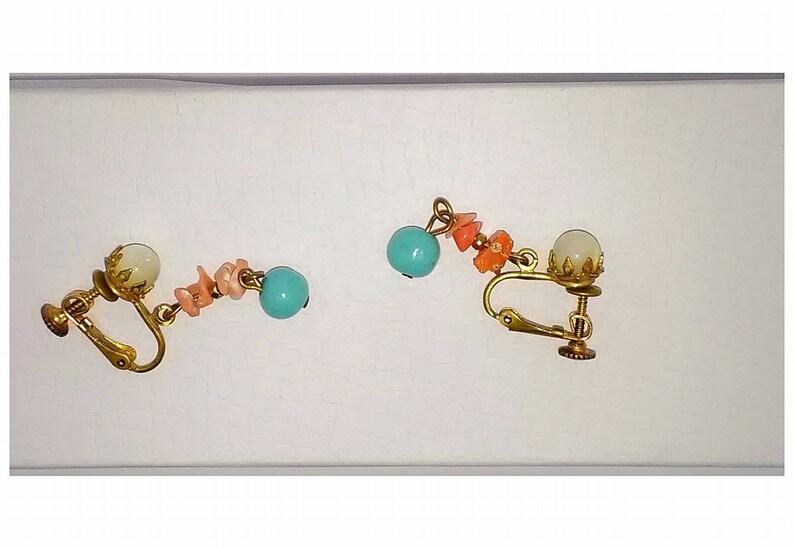 Miriam Haskell signed tropical island turquoise blue peach Coral and opalescent flash earrings
