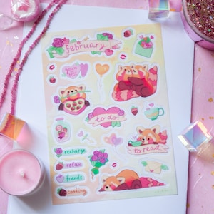Adesivos bonitos de fevereiro | Etiquetas do planejador do dia dos namorados | Diário com marcadores | Panda vermelho e doces | Vinil brilhante com transparência