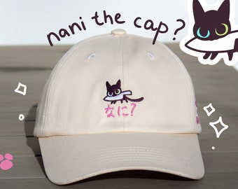 NANI? Süße Mütze mit schwarzem Kitty Stickmotiv | NEUE Baseball Caps Kollektion | 100% Baumwolle | sommerliche kawaii Designer Hüte