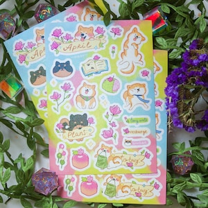 Niedliche April Aufkleber | Planner Sticker | Glitzer | Shibas und Magnolienblüten | Glänzendes Vinyl