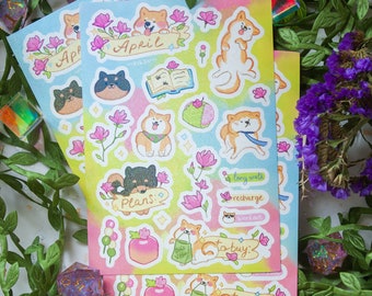 Cute April Stickers | Planner stickers | Sparkly | Shibas and magnolia flowers| Glossy vinyl