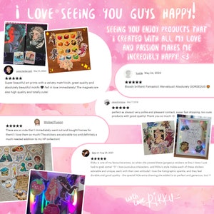 May include: A collage of customer reviews featuring five-star ratings, text, and photographs of art prints, stickers, and magnets. The background is a soft pink gradient with white text that reads I LOVE SEEING YOU GUYS HAPPY!