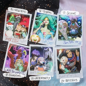 May include: A collection of six illustrated polaroid-style images. Each image features colorful artwork of characters with text such as "Happy 2026!", "Scylla", "Selene", "Enjoy the party!!!", "Afterparty", and "Odysseus".