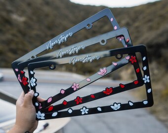 thumbnail image 2 of Qianyu 2-Pack Cherry Blossom License Plate Frames - Aluminum Alloy, Black Pink Floral Design 2 of 13