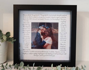 Any song or words made to order. Personalised wedding, anniversary, first dance lyrics, vows box frame. Perfect Mother's Day gift! Box frame