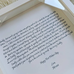 Carta personalizada del recién nacido del Día del Padre manuscrita a papá / Letras de la canción del primer baile de la boda / Votos / Marco de caja. Hecho a medida por encargo.