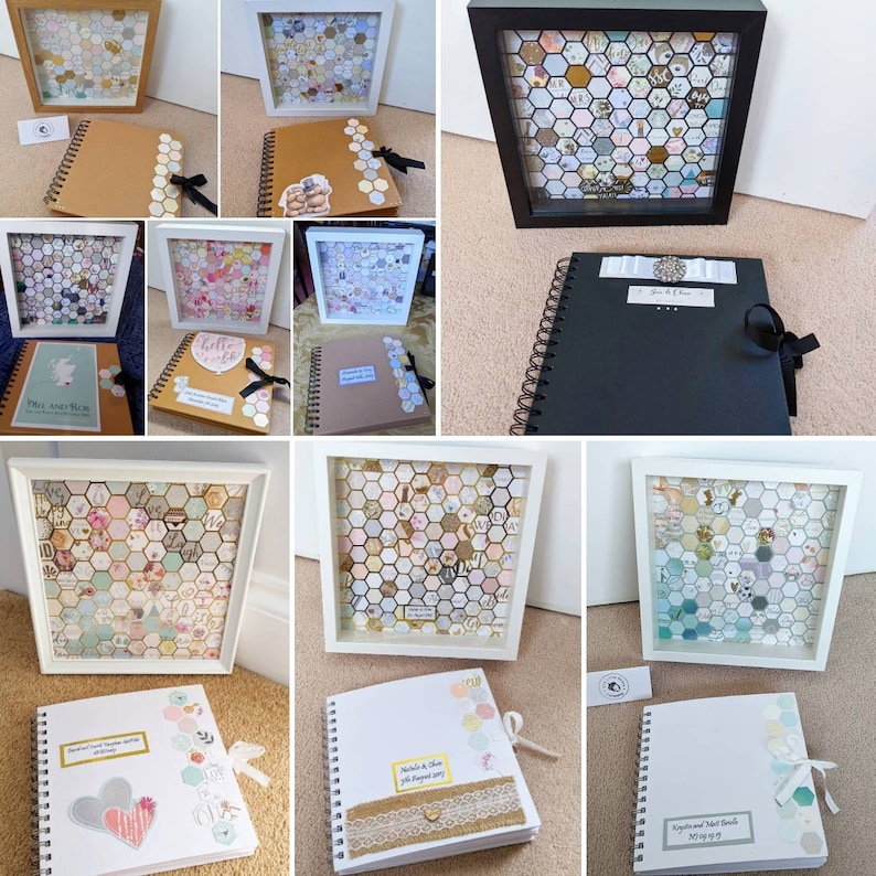 May include: A collection of 10 white and black framed scrapbook albums with hexagonal patterned covers. The albums are decorated with various embellishments, including flowers, ribbons, and paper cutouts. The albums are arranged in a grid pattern on a white surface.