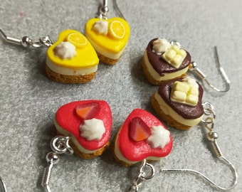 Love Valentine Cheesecake Heart Shape Cake - Dangle Earrings - Strawberry, Chocolate or Lemon Cake decorated with cream - HandMade with clay