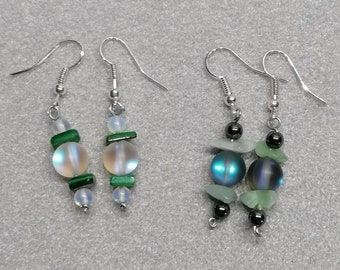 Dangle Earrings - 2 Styles - White Moon Glow (Moonstone), Malachite Slices n Opalite - Black Moon Flow (Moonstone), Black Onyx n Jade - Uniq