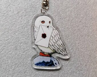 White Barn Owl with Happy Enchanted Mail - Double sided Acrylic Keychain/Keyring - Anime Manga Cartoon Characters Figures Magic Wiccan Pet