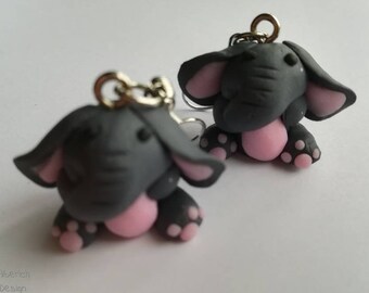 Graue und rosa Elefant Ohrringe aus Ton