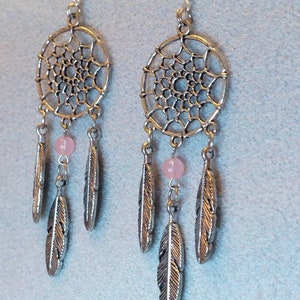 Dream Catcher Dangle Earrings Pink or Purple Bead Metal alloy Feathers Music Festival Bohoo Style All dreams come true and pass through image 3