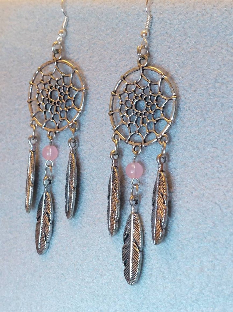 Dream Catcher Dangle Earrings Pink or Purple Bead Metal alloy Feathers Music Festival Bohoo Style All dreams come true and pass through image 3