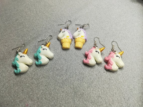 Unicorn Heads, Ice Creams Unicorn Cones Dangle Earrings - Blue Lluna Moon Cat Dangle Earrings - Hand Made with resin, pigment and dye
