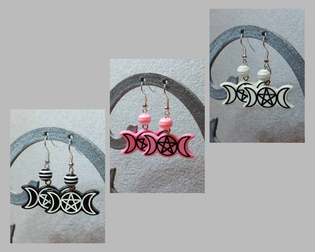 Black or White? Maybe Pink? Dangle Triple Moon Wiccan Earrings - Ready to Ship - Halloween night, Resin Star Goddess - made w resin and mica