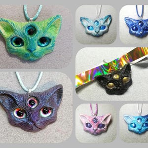 Three Eyed Kitty Cat Necklace - Ready 2 Ship - Many styles and colors - Mutant Monster Feline of Springfield Witch Jewelry real eyes resin
