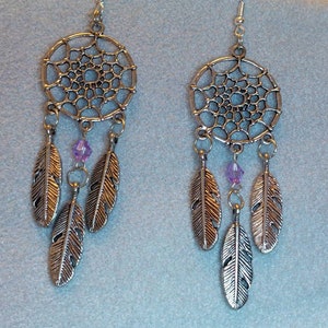 Dream Catcher Dangle Earrings Pink or Purple Bead Metal alloy Feathers Music Festival Bohoo Style All dreams come true and pass through image 9