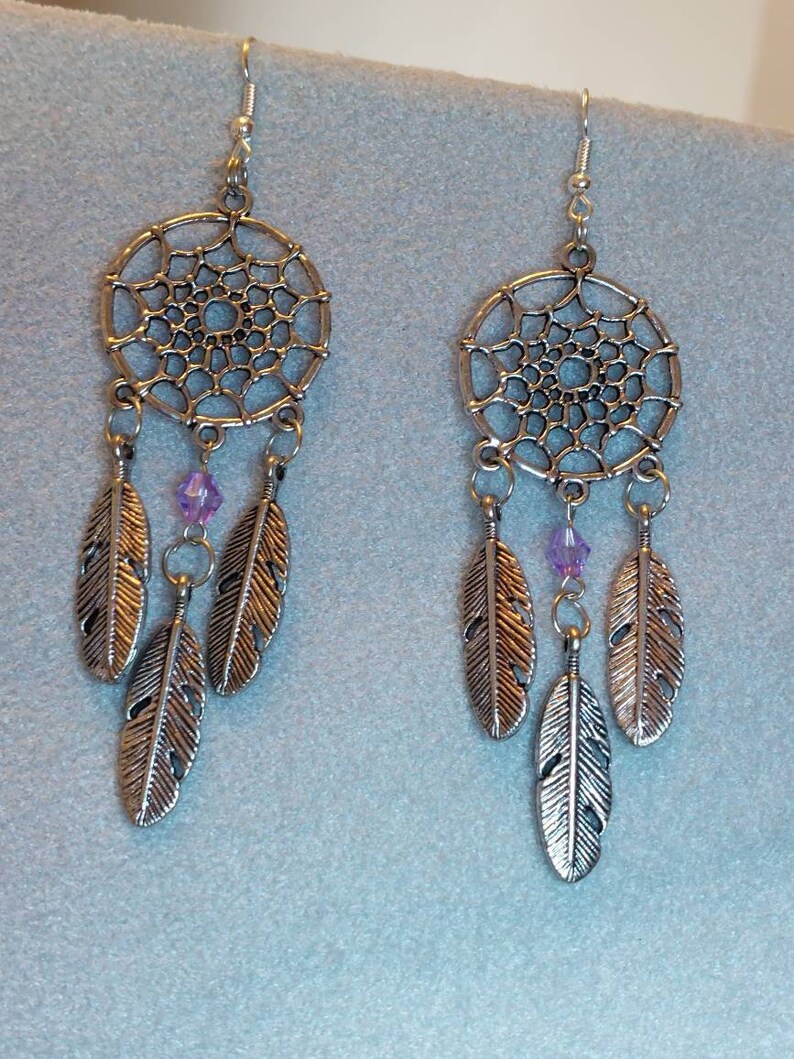 Dream Catcher Dangle Earrings Pink or Purple Bead Metal alloy Feathers Music Festival Bohoo Style All dreams come true and pass through image 9