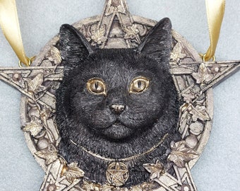 Pentagram Star Cat - Wall Hanging Ornament - Ready to Go & Custom Made - Salem Witch Familiar Spell Magic Charmed Jewel Feline Altar 14.5cm