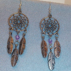 Dream Catcher Dangle Earrings Pink or Purple Bead Metal alloy Feathers Music Festival Bohoo Style All dreams come true and pass through image 6