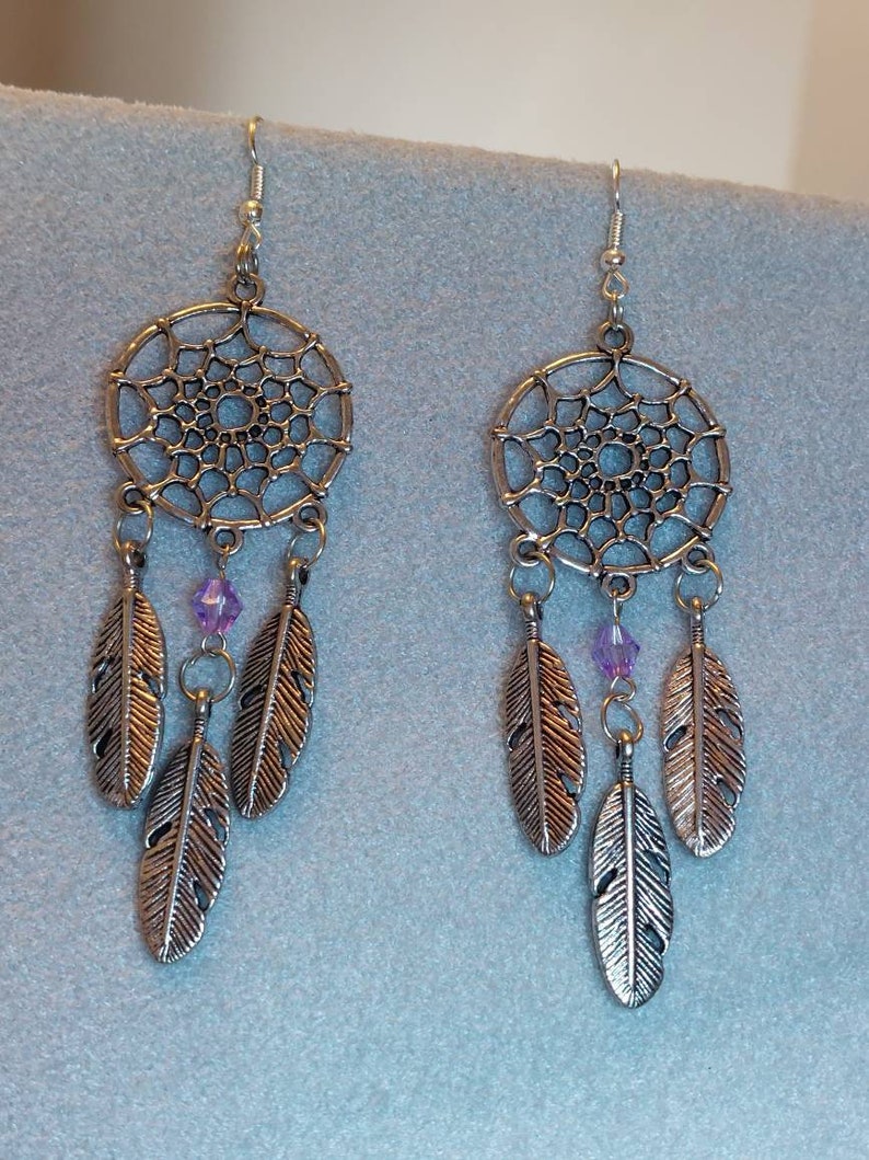 Dream Catcher Dangle Earrings Pink or Purple Bead Metal alloy Feathers Music Festival Bohoo Style All dreams come true and pass through image 6