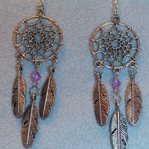 Dream Catcher Dangle Earrings Pink or Purple Bead Metal alloy Feathers Music Festival Bohoo Style All dreams come true and pass through with Purple Bead