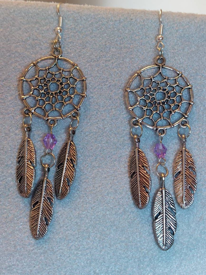 Dream Catcher Dangle Earrings Pink or Purple Bead Metal alloy Feathers Music Festival Bohoo Style All dreams come true and pass through with Purple Bead