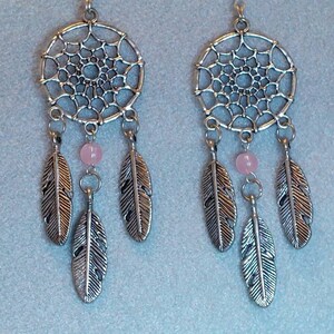 Dream Catcher Dangle Earrings Pink or Purple Bead Metal alloy Feathers Music Festival Bohoo Style All dreams come true and pass through image 2