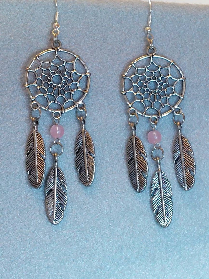 Dream Catcher Dangle Earrings Pink or Purple Bead Metal alloy Feathers Music Festival Bohoo Style All dreams come true and pass through image 2