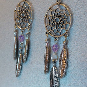 Dream Catcher Dangle Earrings Pink or Purple Bead Metal alloy Feathers Music Festival Bohoo Style All dreams come true and pass through image 7