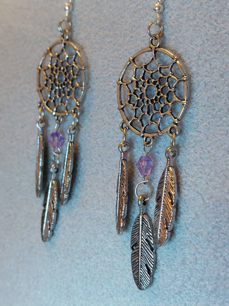 Dream Catcher Dangle Earrings Pink or Purple Bead Metal alloy Feathers Music Festival Bohoo Style All dreams come true and pass through image 7
