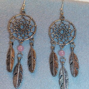 Dream Catcher Dangle Earrings Pink or Purple Bead Metal alloy Feathers Music Festival Bohoo Style All dreams come true and pass through image 4