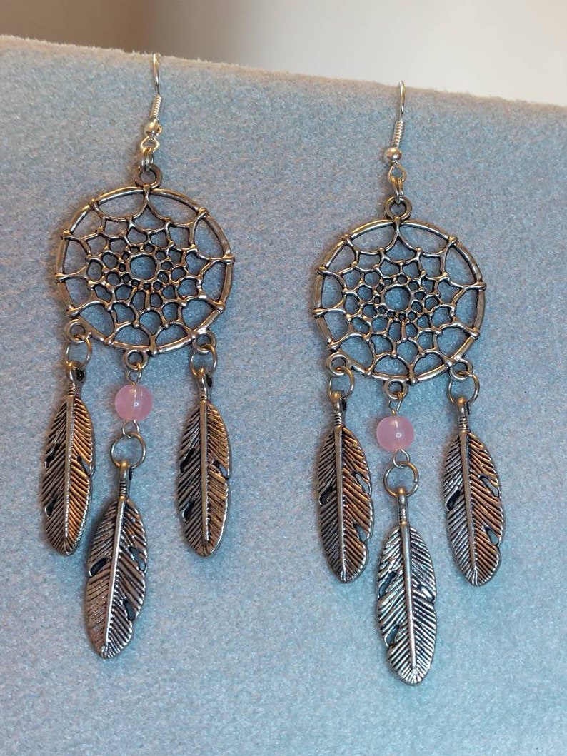 Dream Catcher Dangle Earrings Pink or Purple Bead Metal alloy Feathers Music Festival Bohoo Style All dreams come true and pass through image 4