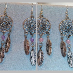 Dream Catcher Dangle Earrings Pink or Purple Bead Metal alloy Feathers Music Festival Bohoo Style All dreams come true and pass through image 1