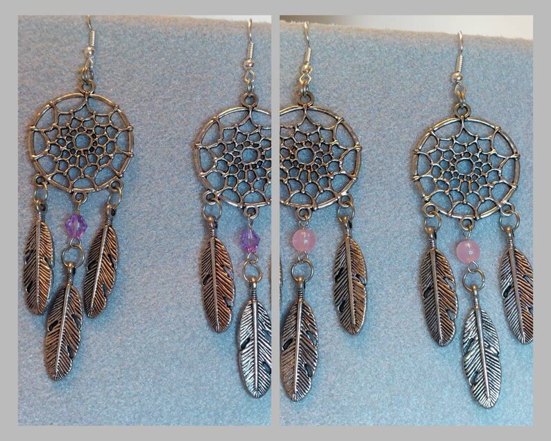 Dream Catcher Dangle Earrings Pink or Purple Bead Metal alloy Feathers Music Festival Bohoo Style All dreams come true and pass through image 1